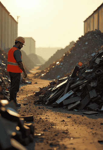 Man stand in scrap yard.
